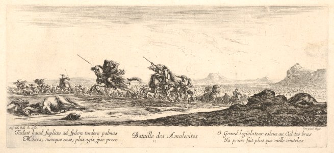 Battle of the Amalekites (Bataille des Amalecites), Amalekites on horseback gallop towards the left, pursued by the Israelites, a dead man to right, a dead horse to left MET DP833256