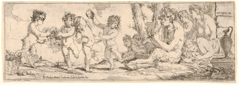 Bacchanal with satyr playing a lute and surrounded by four figures, who look toward a succession of three putti and a satyr dancing with cups and vines MET DP832225