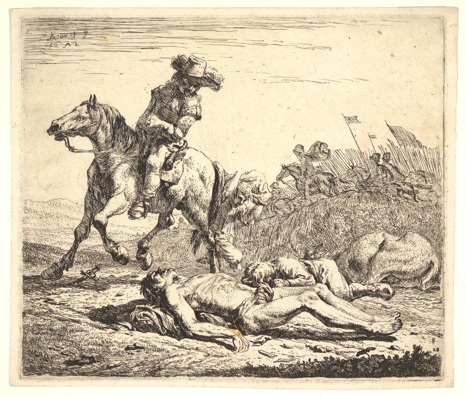 Battlefield with horseman looking over his left shoulder toward stripped corpse on the ground, a clothed figure and horse lying to the right, horsemen carrying flags beyond MET DP828792