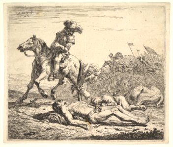 Battlefield with horseman looking over his left shoulder toward stripped corpse on the ground, a clothed figure and horse lying to the right, horsemen carrying flags beyond MET DP828792