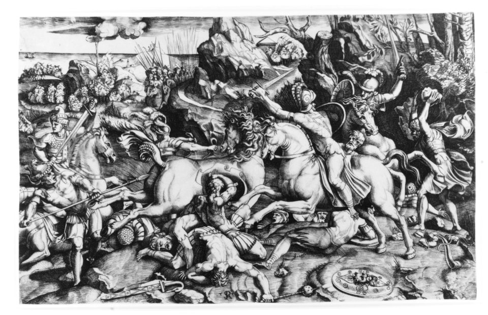 Battle scene in a landscape with soldiers on horseback and several fallen men, another group of riders in the background MET 269634
