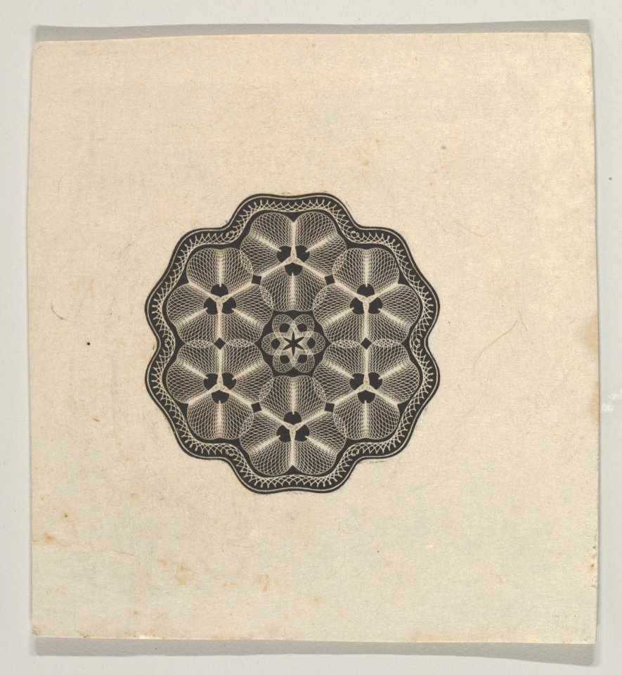Banknote motif- a small six lobed ornament with a rope border, the interior adorned with lathe work florets MET DP837961