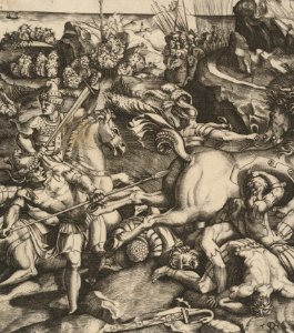 Battle scene in a landscape with soldiers on horseback and several fallen men, another group of riders in the background MET DP-14059-001