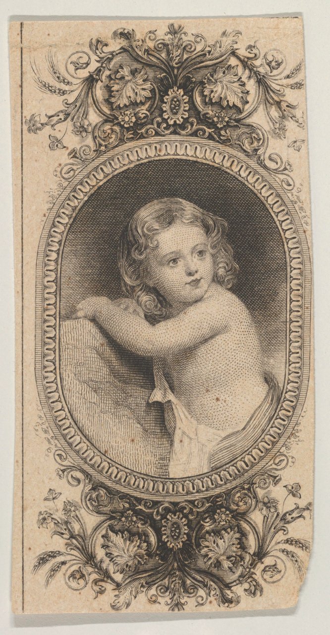 Banknote motif- a child's portrait and two patterned ovals surrounded by a floral frame MET DP837944