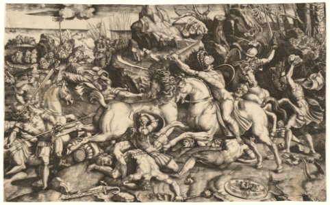 Battle scene in a landscape with soldiers on horseback and several fallen men, another group of riders in the background MET DP-14059-002