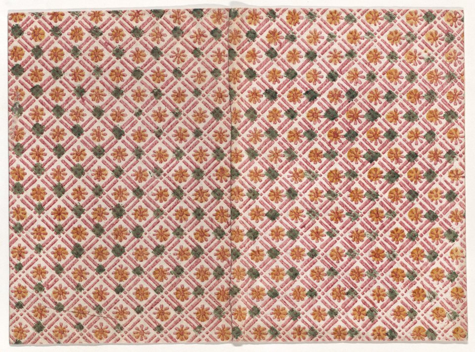 Book cover with geometric and floral pattern in red, yellow, and green Met DP886799