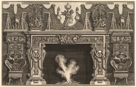 Bird in shell at the center of the lintel, with a frieze of trophies, surmounted by an overmantel with candelabra and flanked by chairs. (Ch. décorée d'une frise de casques et d'armures . . .) MET DP828305