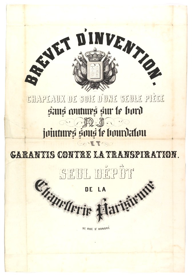 Brevet d'Invention. Chapeaux de soie d'une seule pièce... MET DP819139