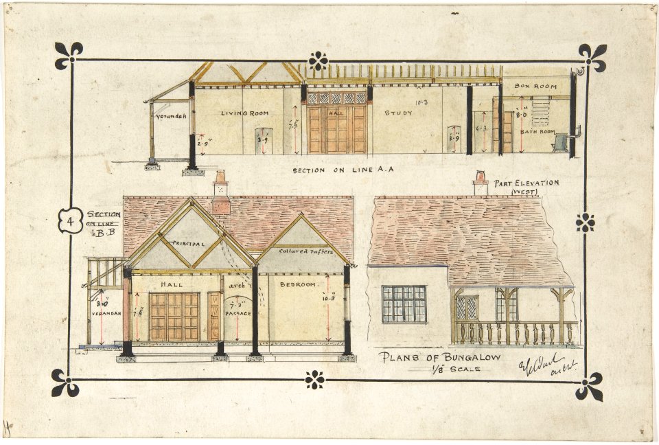 Bungalow drawing -- Western elevation and interior MET DP804279
