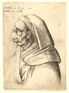 Bust of a man with a small turned-up nose and very high upper lip, wearing hood, in profile to the left MET DP823683