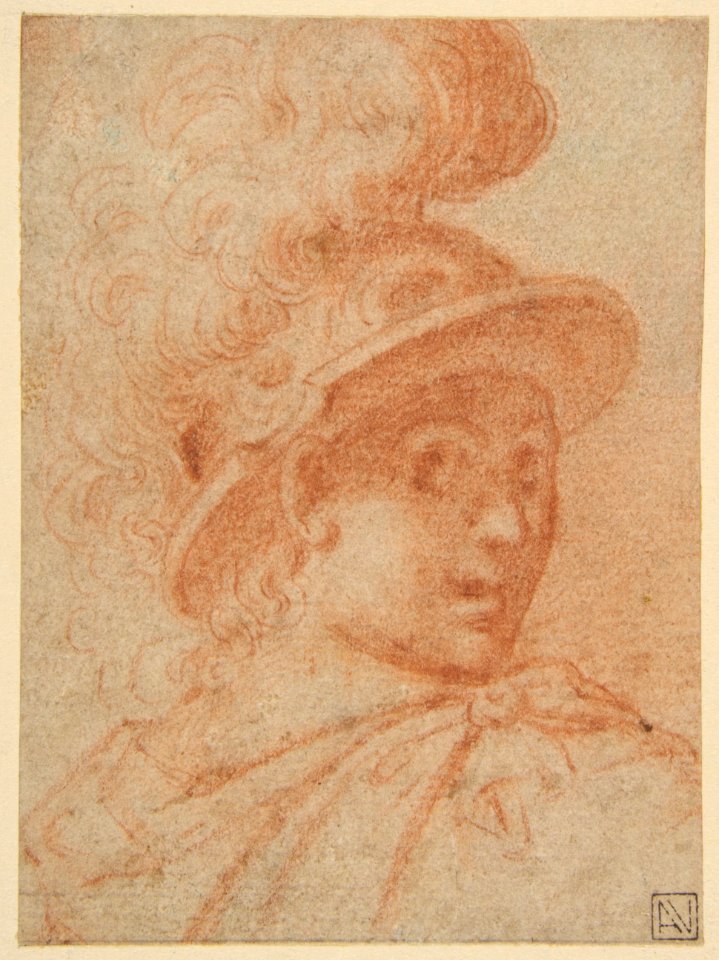 Bust of a Warrior Wearing a Plumed Helmet, Looking Toward Spectator Over His Right Shoulder (recto); Sketch of a Leg (verso) MET DP811288