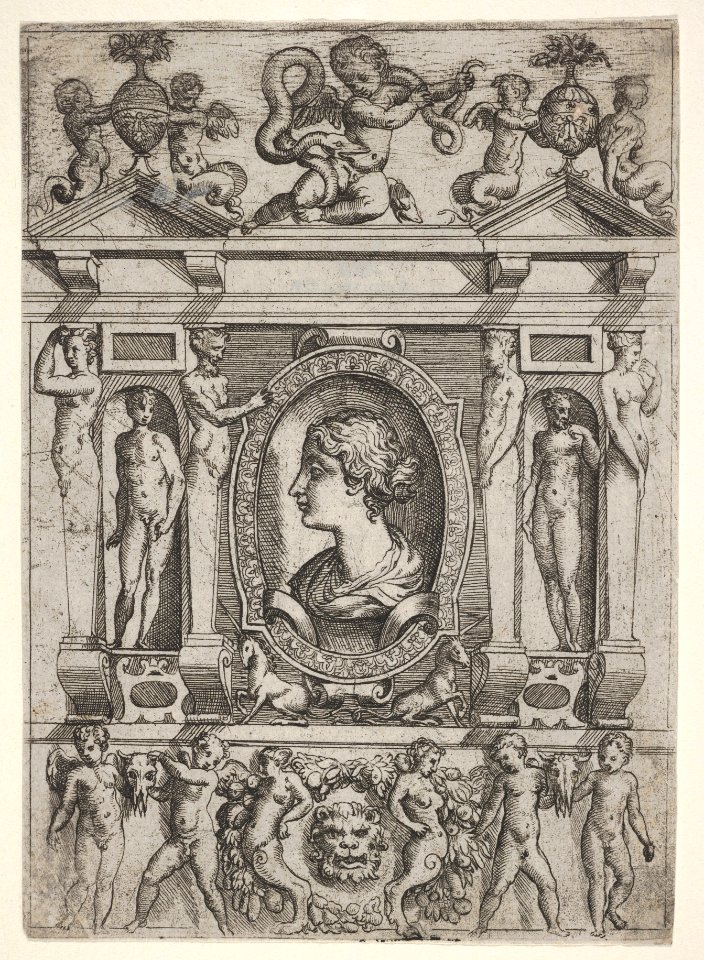 Bust of a woman in profile facing left, set in an elaborate frame with figures in niches at left and right MET DP832076