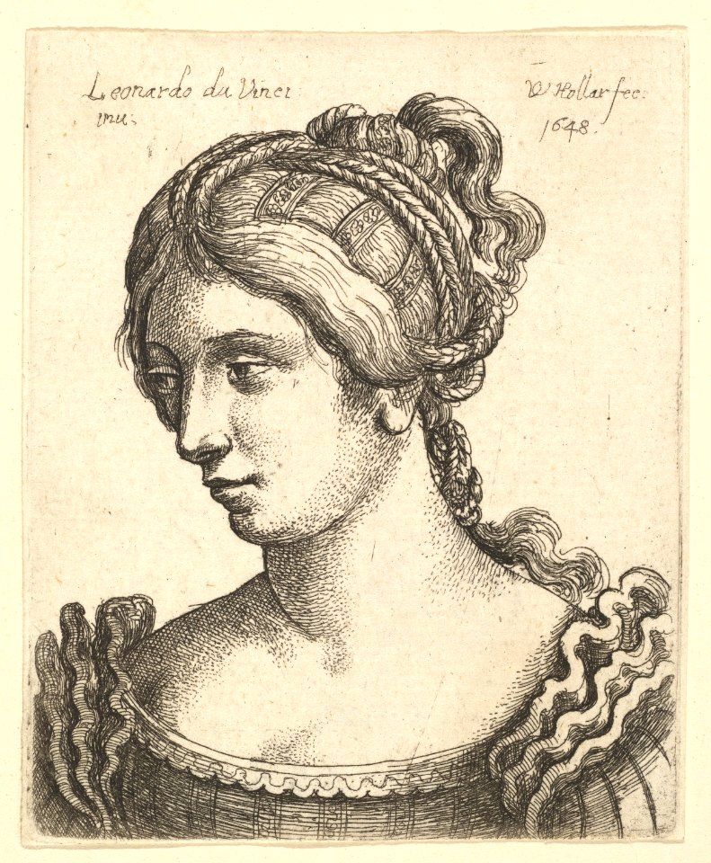 Bust of a woman looking downwards towards left with elaborately decorated hair MET DP823702