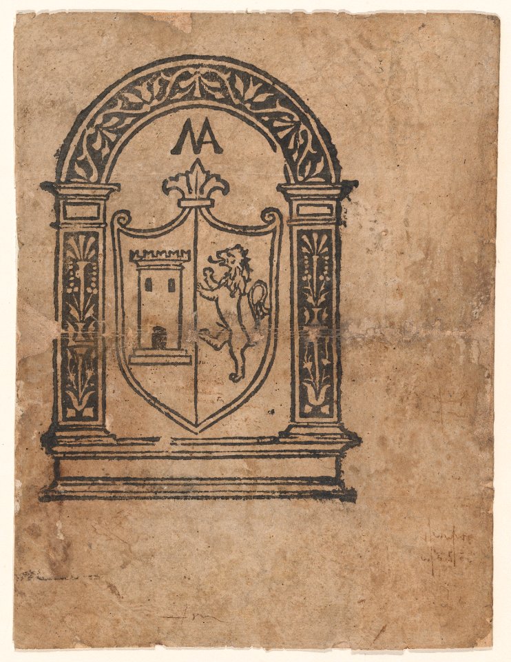 Book illustration or more likely a trademark with a coat of arms featuring a lion and a tower set within an arch MET DP869300