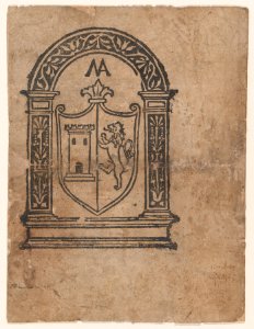 Book illustration or more likely a trademark with a coat of arms featuring a lion and a tower set within an arch MET DP869300