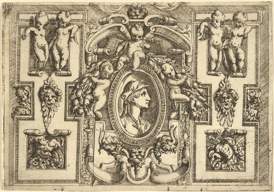Bust of a woman in profile facing right, set within an elaborate frame with putti MET DP837632