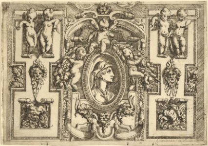 Bust of a woman in profile facing right, set within an elaborate frame with putti MET DP837632