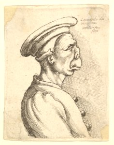 Bust of a man with a flat nose and protruding mouth, wearing flat cap and buttoned coat in profile to right MET DP823681