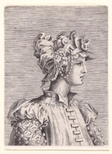 Bust of a Woman Wearing a Fantastic Head-dress and Mask Met DP889662