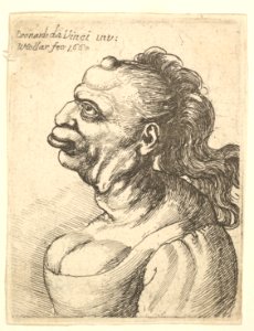 Bust of a woman wearing low-cut dress, with protruding lipd, growth on her forehead, prominent breast, long flowing hair down her back, in profile to left. MET DP823686