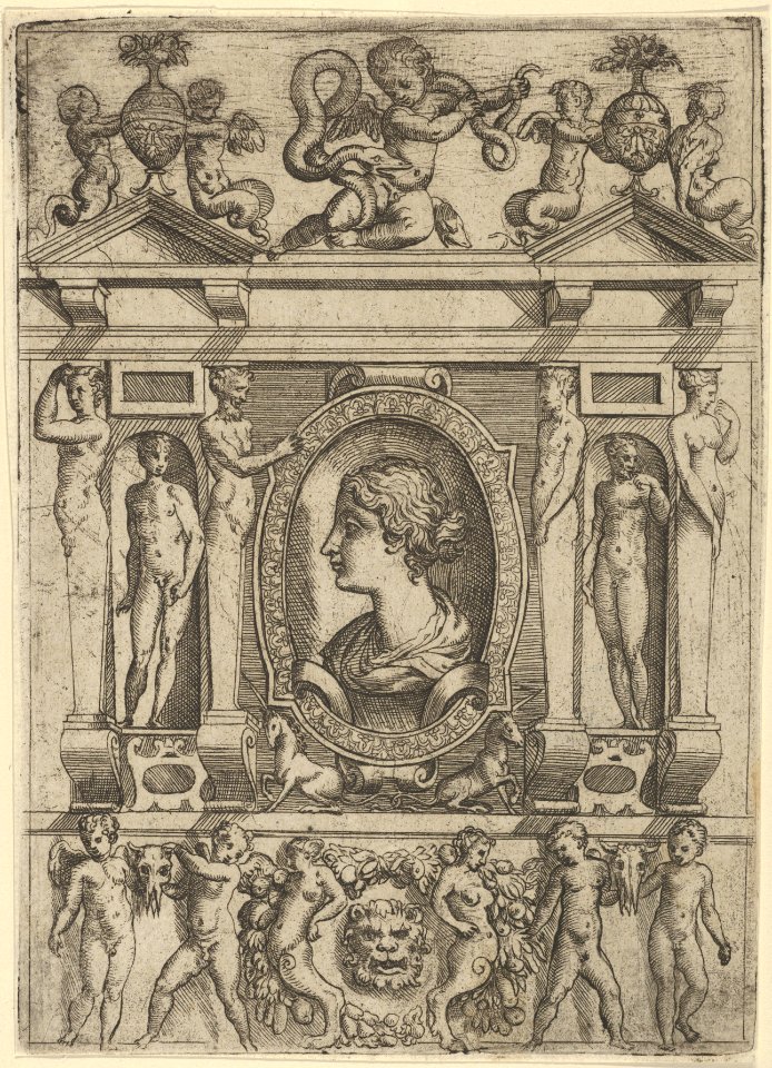Bust of a woman in profile facing left, set in an elaborate frame with figures in niches MET DP837638