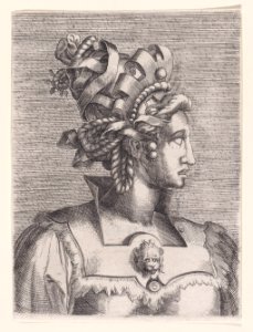 Bust of a Woman Wearing a Fantastic Head-dress and Mask Met DP889664