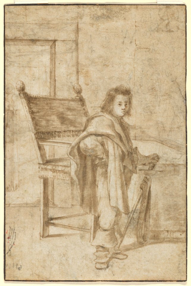 Boy Holding a Sword, Standing near a Table in an Interior; verso- Various Sketches of Figures and Ornamental Forms MET DP855263