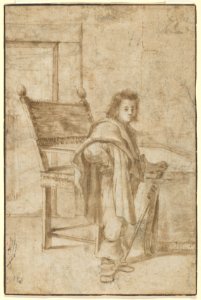 Boy Holding a Sword, Standing near a Table in an Interior; verso- Various Sketches of Figures and Ornamental Forms MET DP855263