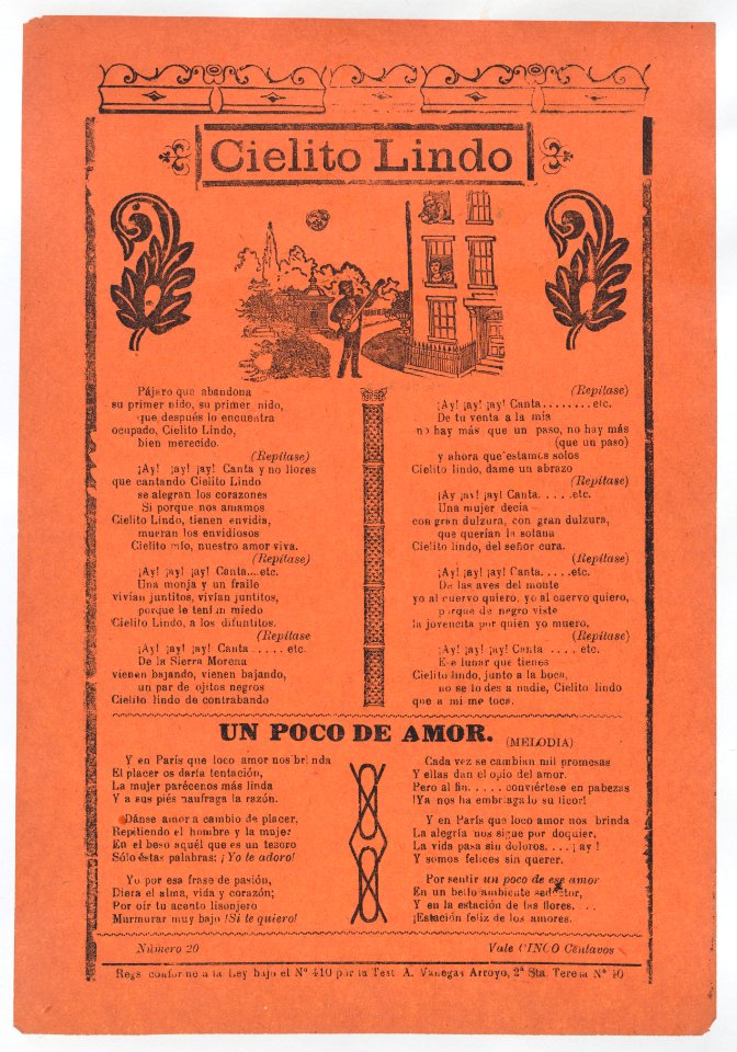 Broadsheet with love songs, man playing an instrument and singing outside of his lover's window MET DP868553
