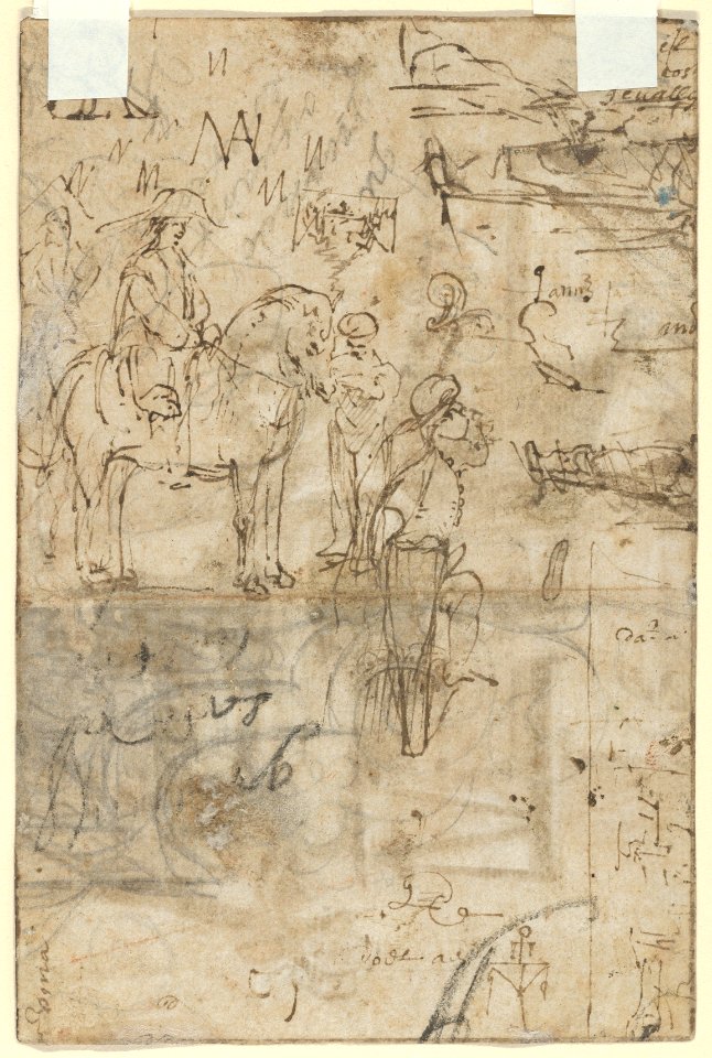 Boy Holding a Sword, Standing near a Table in an Interior; verso- Various Sketches of Figures and Ornamental Forms MET DP855264