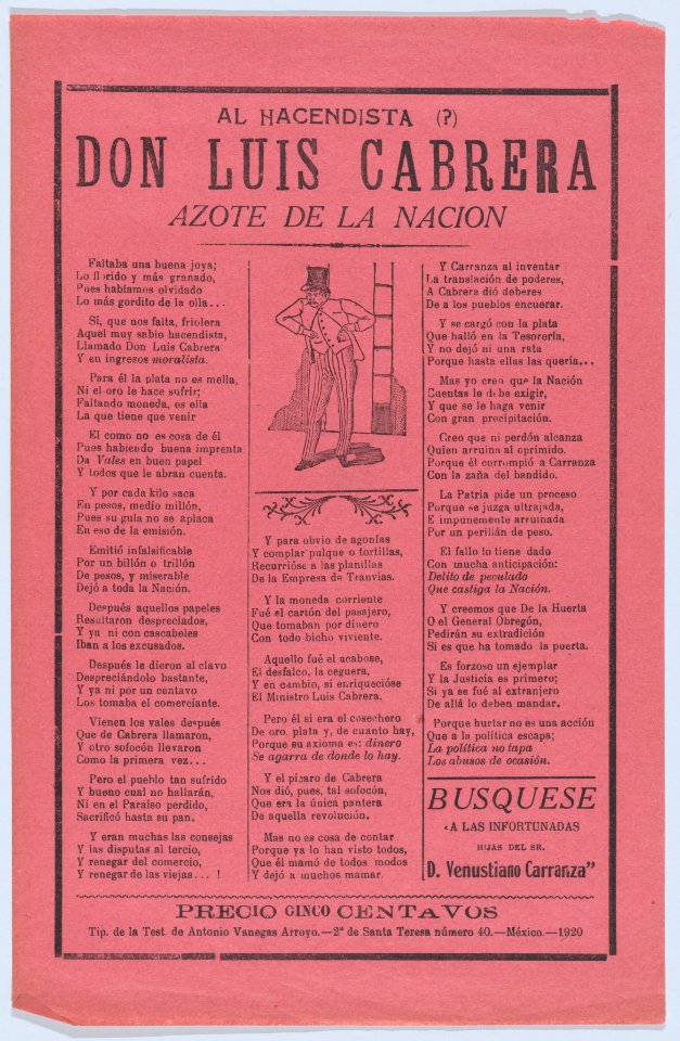 Broadsheet with a verse relating to Don Luis Cabrera who is shown standing in the center wearing a top hat MET DP874520