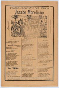 Broadsheet with songs for a Mexican courtship dance called the 'Jarabe Moreliano', a crowd of people and muscians MET DP874521