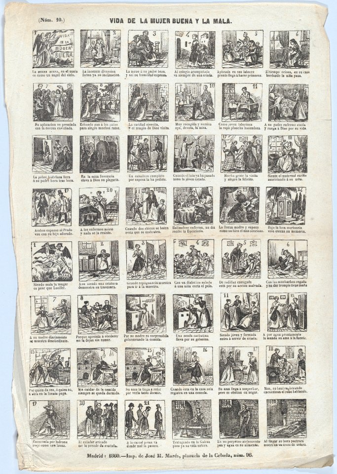 Broadside with 48 scenes relating to the life of a Good Woman (24 upper scenes) and the life of a Bad Woman (24 lower scenes) MET DP875601