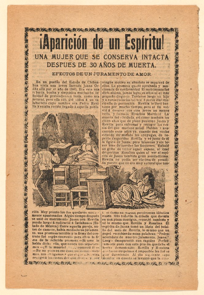 Broadside relating to a news story about an apparition of a spirit, women sitting up in bed looking at a ghost MET DP868538