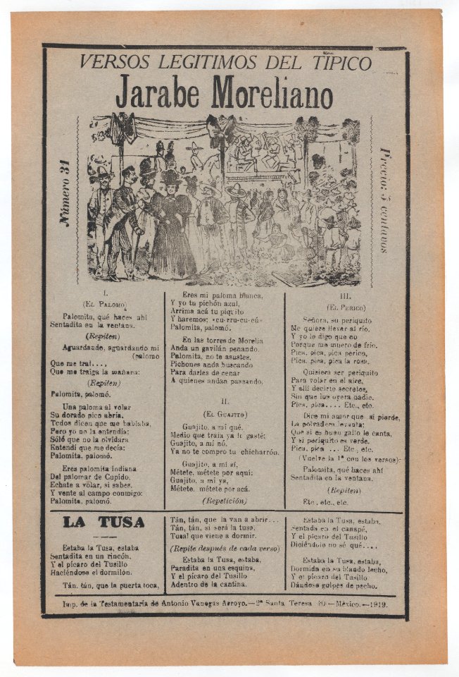 Broadsheet with songs for a Mexican courtship dance called the 'Jarabe Moreliano', crowd of people interacting with one another while muscians play in the background MET DP868550