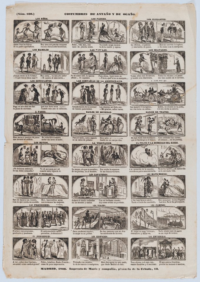 Broadside with 48 (24 pairs) scenes contrasting Spanish customs past and present MET DP875655