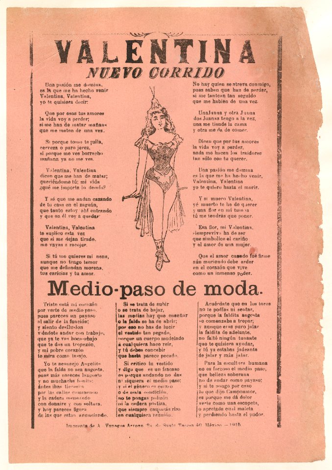 Broadsheet with two narrative love ballads, woman wearing a costume consisting of a leotard,cape, and boots MET DP868528
