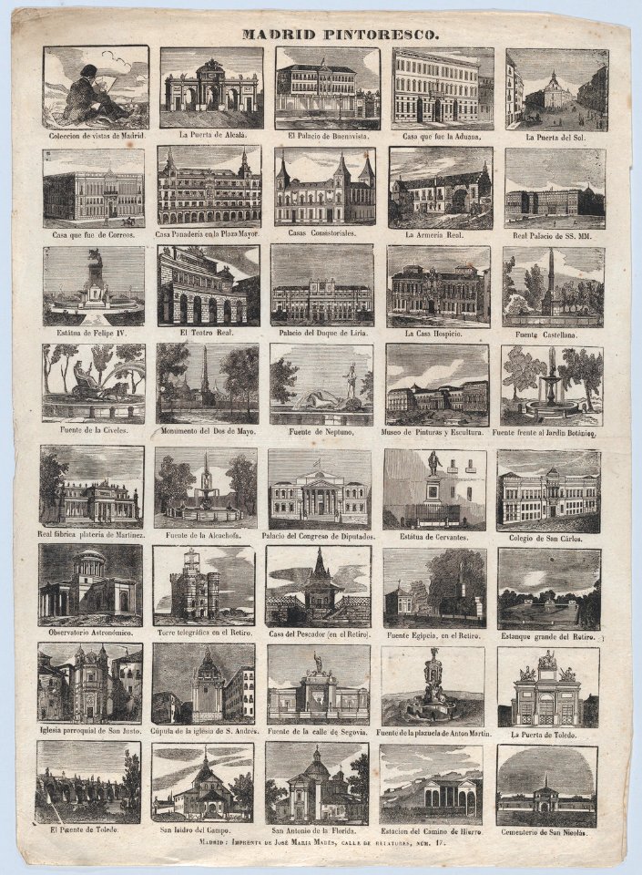 Broadside with 40 scenes of picturesque buildings and locations in Madrid MET DP875625