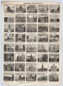 Broadside with 40 scenes of picturesque buildings and locations in Madrid MET DP875625