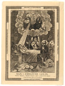 Broadsheet with Saint Camilo de Lelis in bed surrounded by demons, priests and the Holy Trinity above MET DP869180