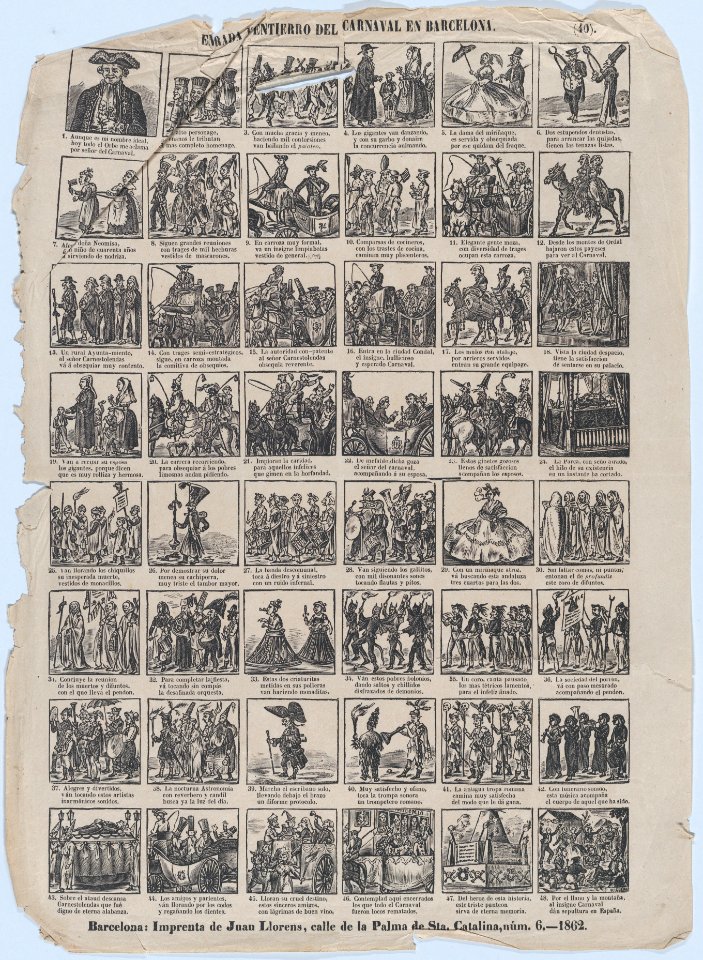Broadside with 48 scenes relating to the carnival in Barcelona MET DP875578