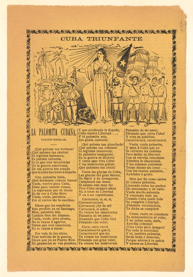 Broadside celebrating Cuba's victory over Spain in the Spanish American War, soldiers holding the Cuban flag and flanking the alleogorical figure of Cuba MET DP868543