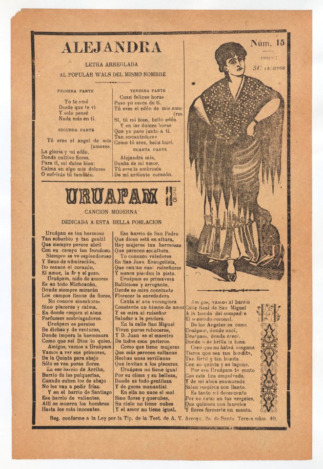 Broadsheet with two love ballads about desirable women, woman wearing a shawl and a skirt with her hands placed on her hips MET DP868546