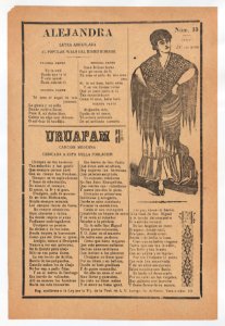 Broadsheet with two love ballads about desirable women, woman wearing a shawl and a skirt with her hands placed on her hips MET DP868546