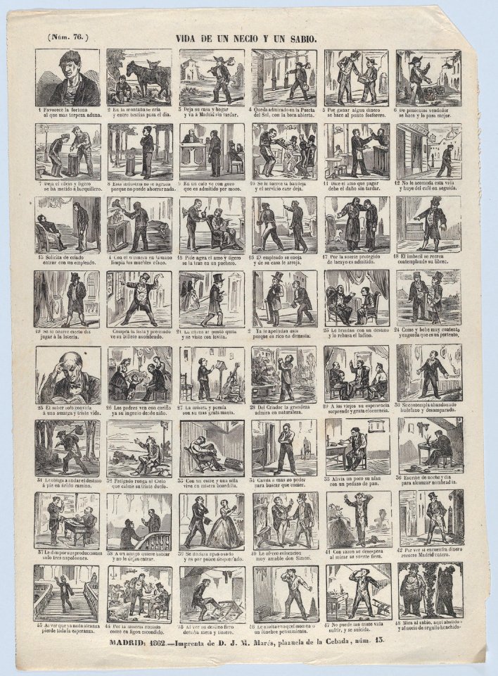 Broadside with 48 scenes depicting scenes from the life of a fool and wise man MET DP875631