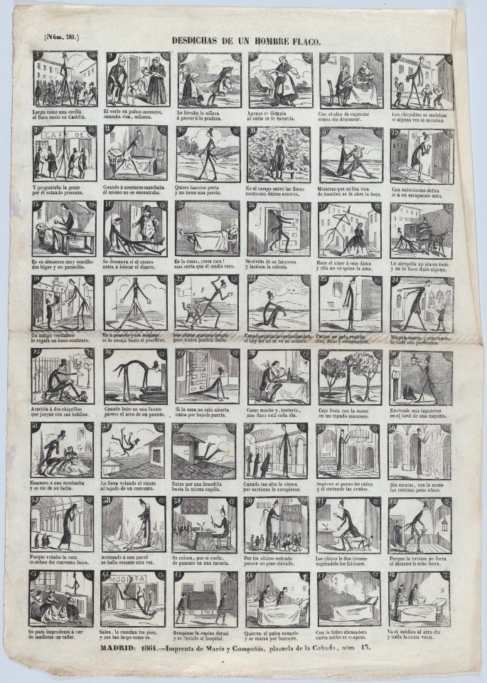 Broadside with 48 scenes depicting the misfortunes of a skinny man MET DP875663