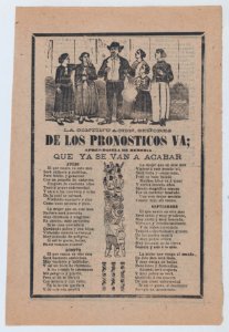 Broadsheet with monthly horoscopes; a group of women surrounding one man and a crowd of people raising their arms MET DP868517