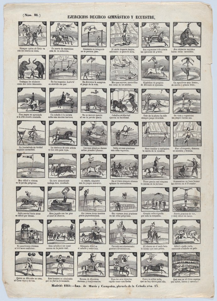 Broadside with 48 scenes depicting circus gymnastic and equestrian exercises MET DP875661