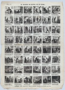Broadside with 48 scenes depicting the experiences of a schoolteacher in an unknown small town ('de un lugar') MET DP875659