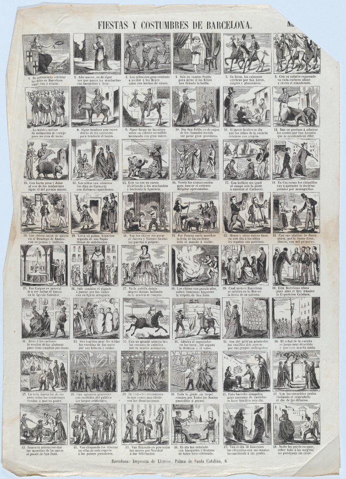 Broadside with 48 scenes depicting the celebrations and customs of Barcelona MET DP875720